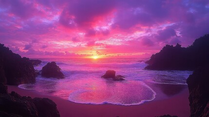 Pixelated Coastal Sunset with Purple Clouds Overlooking the Island Seashore