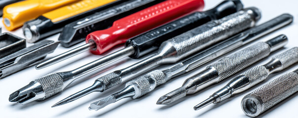 Collection of precision hand tools arranged neatly on a white background for efficient organization of repair tasks