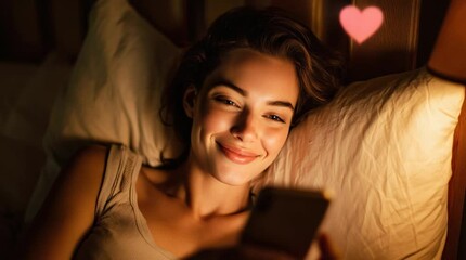 Happy woman lying in bed smiling at smartphone with floating pink hearts, online dating or romantic chat concept. - Powered by Adobe