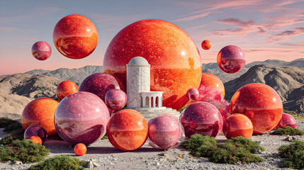 shapes with glowing edges orbiting a monolithic stone tower