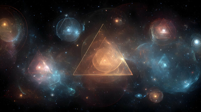 of orbiting tetrahedrons surrounded by colorful static interference