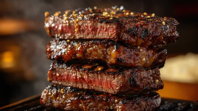 Sizzling hot steaks stacked high on a grill, perfect for outdoor cooking