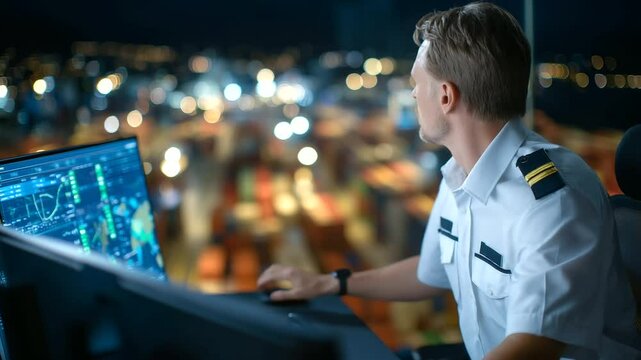 Customs officer analyzes digital cargo manifest on sleek touchscreen monitor, neon-lit containers visible through reinforced glass window