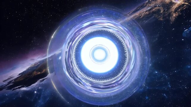 Interstellar warp gate concept with glowing rotating circle