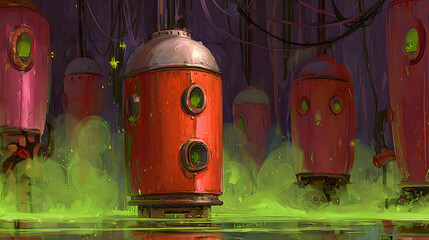 monoliths rising from green glowing mist in a dreamlike terrain