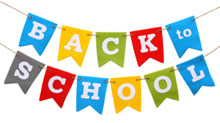 Text Back to School on colorful pennant isolated on transparent background.