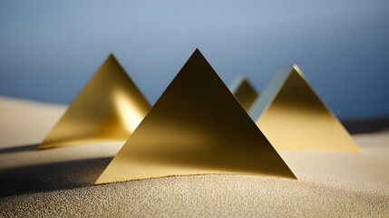 with pyramidal machines half-buried in golden sand dunes