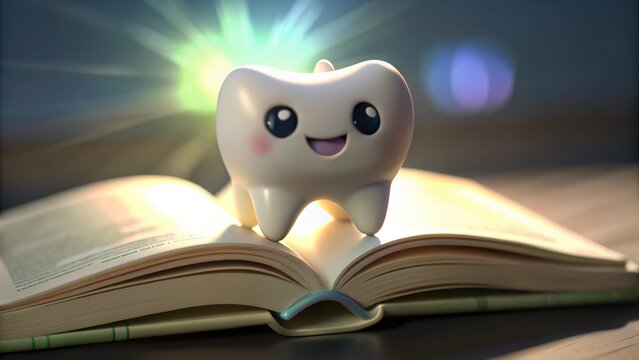 Cartoon tooth character glowing on open book celebrating National Tooth Fairy Day  