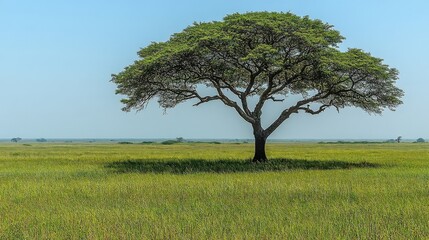 Isolated Tree Thriving in a Vast Green Field Landscape under Blue Sky