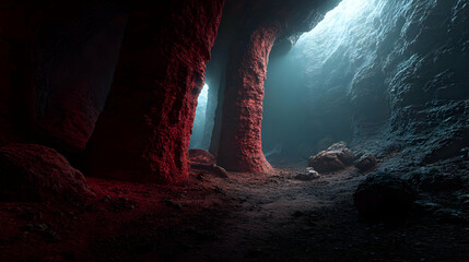 valley carved through glowing rock structures beneath cyan digital haze