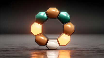 constructed of rotating hexagonal elements glowing with green and orange light