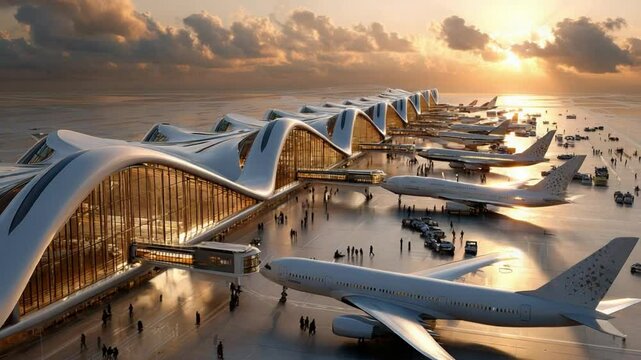 Modern Airport Terminal: An architectural marvel showcasing a modern airport terminal, where sleek lines and expansive glass create a dynamic silhouette.
