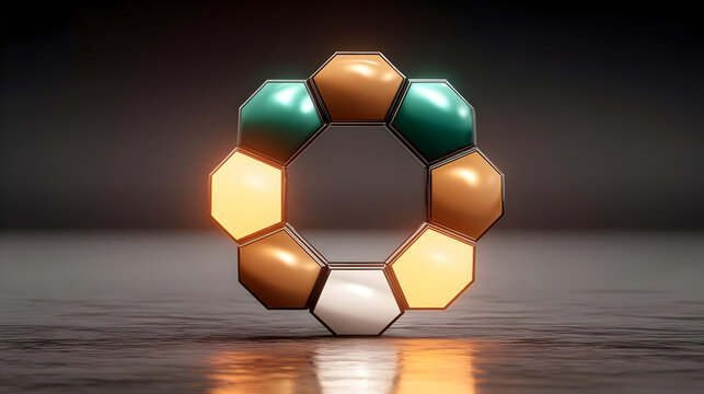 constructed of rotating hexagonal elements glowing with green and orange light