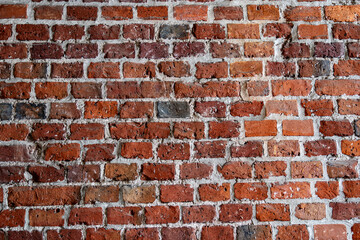 Old red brick wall texture with weathered surface.