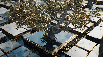 growing across a reflective terrain glowing with golden circuitry