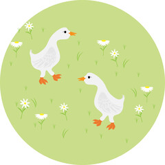 Two funny geese with daisies on a green lawn. Vector illustration. Perfect for home textiles, fabric printing, cover design, greeting cards, and wrapping paper.