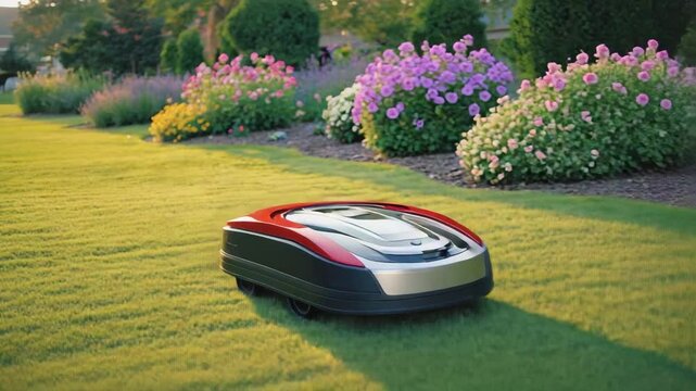 A time-lapse animation of a self-driving lawnmower moving across a vibrant garden lawn, effortlessly trimming the grass in neat rows. The peaceful scene includes colorful flowers, shrubs, and soft sun