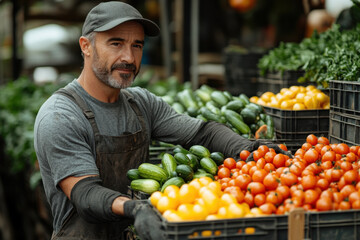 Man in hat and apron next to crates of vegetables.