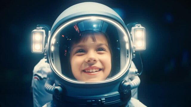 A Young child's imagination takes flight as they don a space helmet, embodying the boundless wonder of space exploration