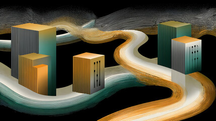 shapes rotating slowly in a dark environment with pulsating light trails