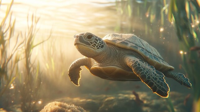 Gentle sea turtle swimming in underwater vegetation.