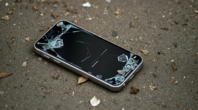 A once-functional cell phone now lies on the ground, its screen shattered and body damaged from a fall, rendering it inoperable