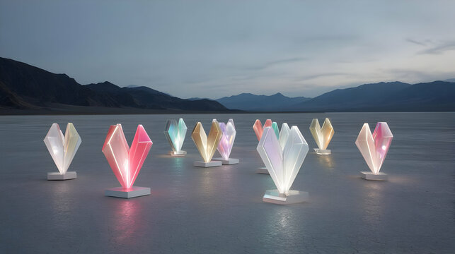 pyramids arranged in perfect symmetry over a reflective obsidian floor under twilight sky