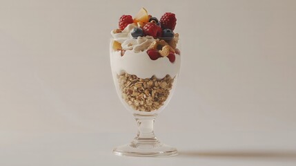 Healthy fruit parfait with yogurt, granola, and berries in glass cup
