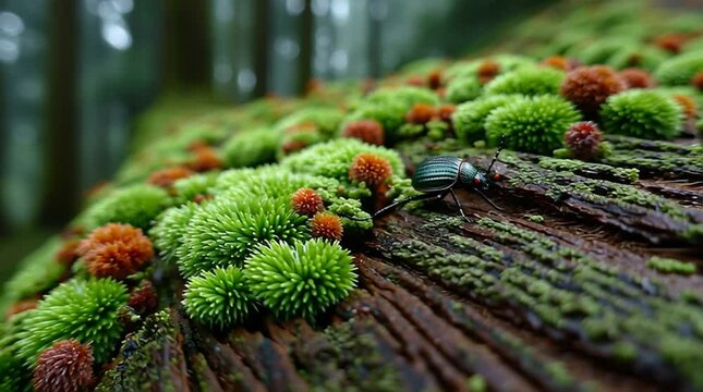 A macro shot of a moss-covered tree bark, showing intricate textures, tiny fungi and a crawling beetle lit by filtered sunlight through the forest canopy