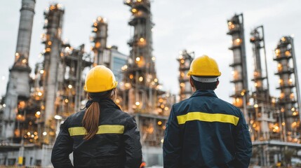 Engineer men,women standing back to control work, oil refinery.