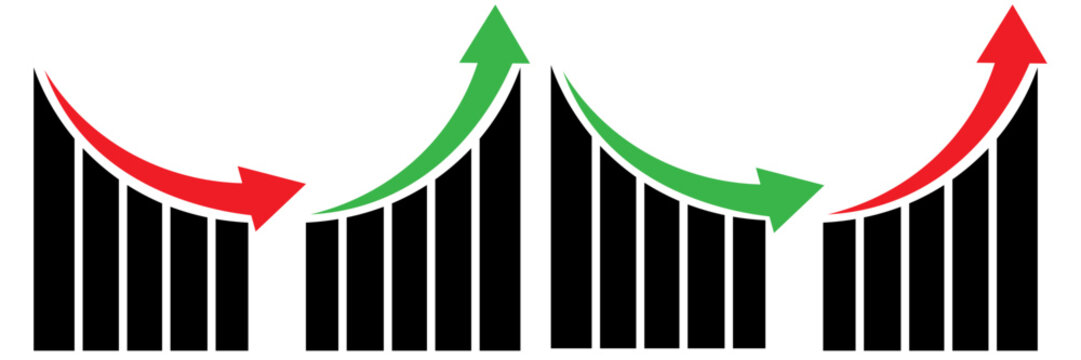 Up and down graph chart vector icon set. growth increase and decrease sign. economy rise and decline symbol. upward or downward trend bar chart icon