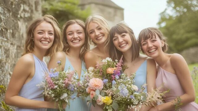 Smiling bridesmaid group outdoors holding pastel flower bouquets dresses with soft natural light and joyful expressions near stone wall wedding day