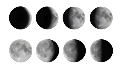 Moon Phases Set: New, Crescent, Quarter, Gibbous, Full Moon Isolated on Transparent Background PNG