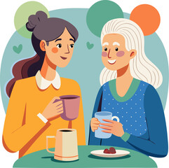 Senior Mother and Adult daughter Having Coffee and Talking. Hand drawn style vector design illustrations.