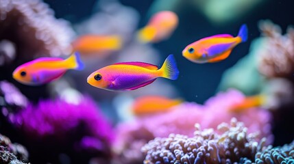 Obraz premium Vibrant coral reef fish swim amongst colorful corals.