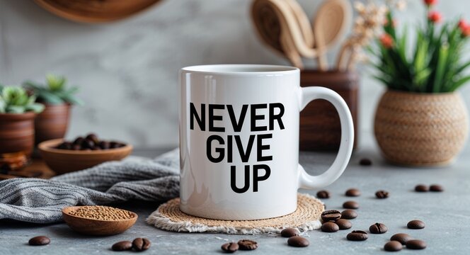 never give up lettering on coffee mug at table motivation inspiration quote saying