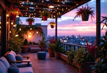 Fototapeta premium Cozy rooftop terrace with string lights and vibrant potted plants at sunset
