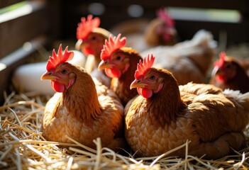 Fototapeta premium Group of brown hens with red combs resting on straw bedding in a farm setting