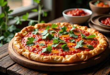Fresh homemade tomato pizza garnished with cilantro on a rustic wooden table