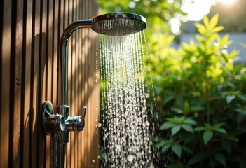 Outdoor shower with flowing water surrounded by lush greenery