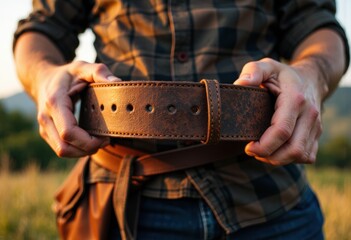 Close-up of a person holding a brown leather belt outdoors during sunset