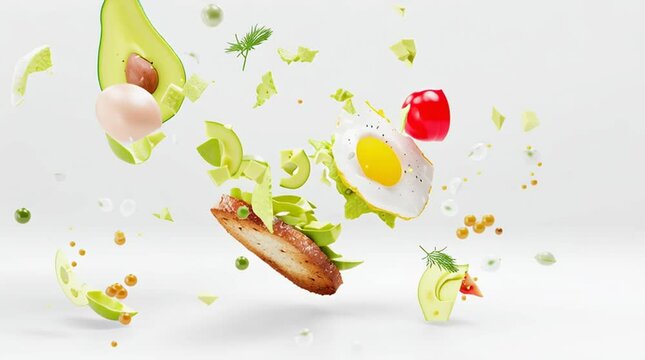 3D render of deconstructed avocado toast ingredients floating in mid-air against a clean white background, showcasing freshness, balance, and modern food styling in a minimalist, contemporary aestheti