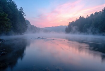 Serene river landscape at dawn with mist rising and colorful sky reflections