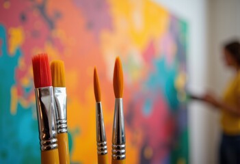 Fototapeta premium Artistic paintbrushes with colorful background for creative design projects