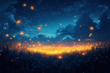 Naklejka premium Fireflies lighting up a field of grass.
