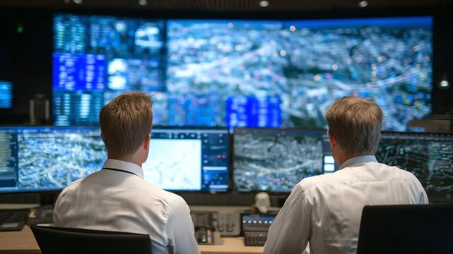 District heating control center displays real-time heat flow through smart monitors, engineers managing energy efficiency of the entire grid