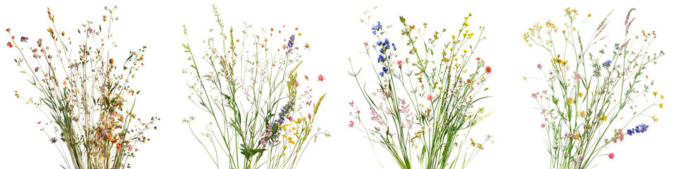 set of Clusters of ornamental meadow grasses gently scattered with blooming flowers, on a transparent backgrounds