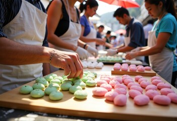 Colorful traditional sweets being prepared at a vibrant market
