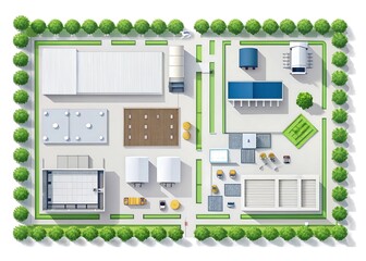 Aerial view of a modern industrial complex with green landscaping, showcasing various buildings and vehicles.