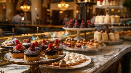 Scene of the interior of a bakery, with a focus on the pastry